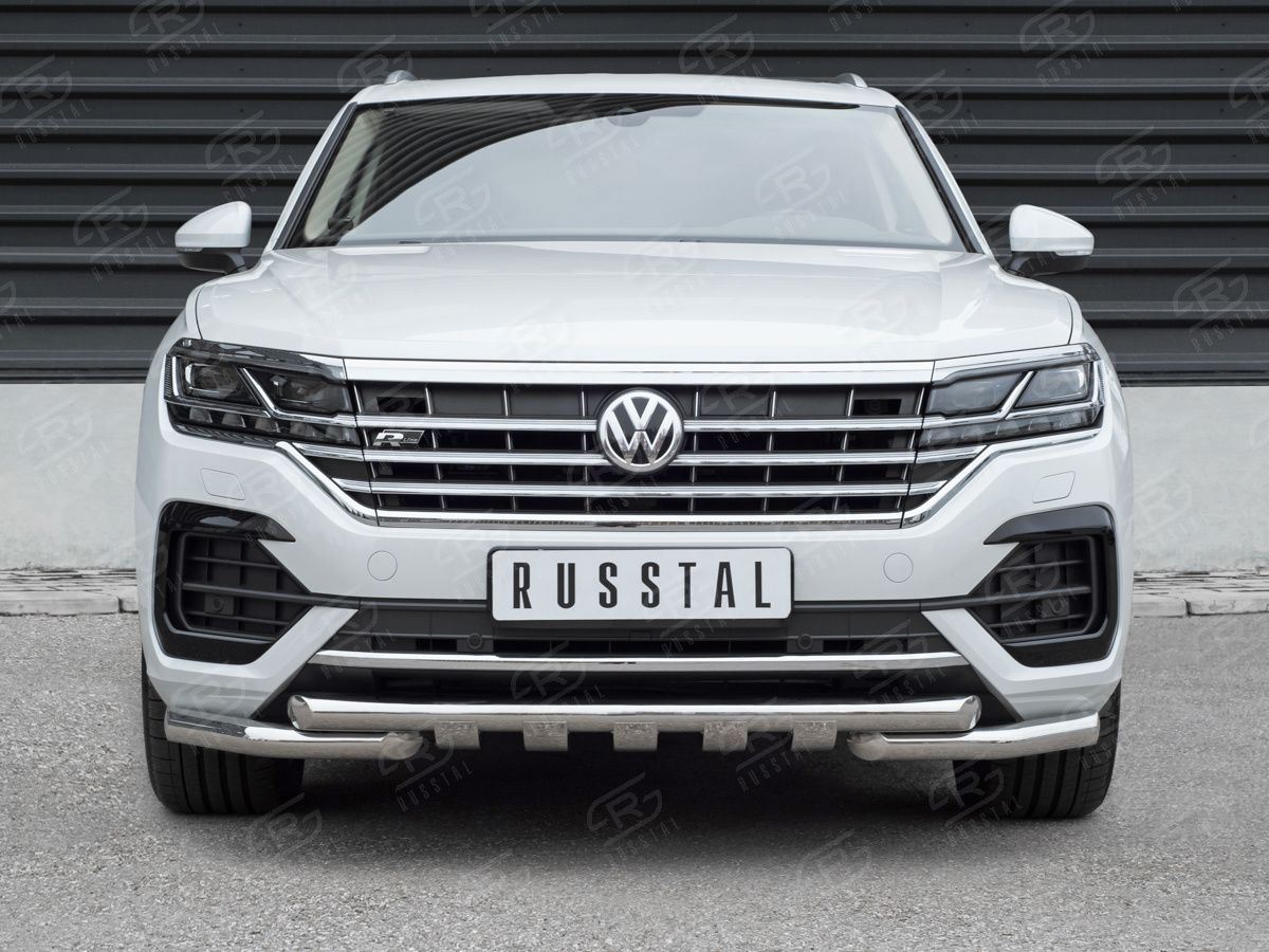 Защита РусCталь переднего бампера d63 дуга-d63 уголки+клыки для Volkswagen Touareg III 2018-2026 (кроме 2.0 TSI). Артикул VWTZ-003059