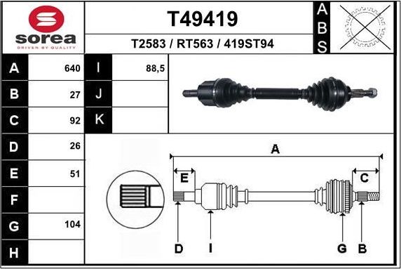 Полуось (привод в сборе, приводной вал) EAI. Артикул T49419