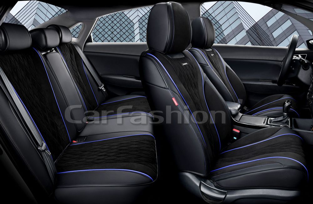 Комплект универсальных каркасных чехлов CarFashion 5D Symbol Plus на сидения авто, цвет Черный/Черный/Синий. Артикул 27253