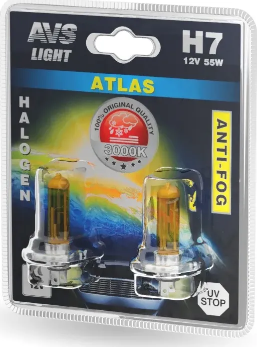ГАЛОГЕННАЯ ЛАМПА /ATLAS ANTI-FOG/ЖЕЛТЫЙ H7,12V.55W.БЛИСТЕР-2ШТ. (AVS). Артикул A78626S
