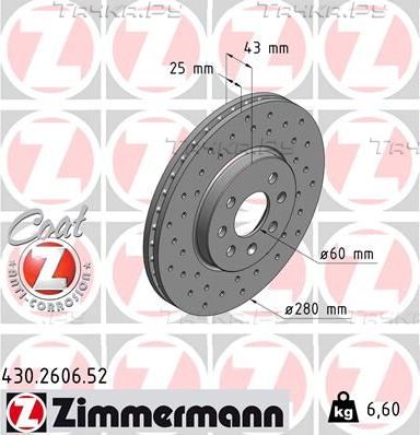 Тормозной диск Zimmermann SPORT Z передний для Opel Astra H 2004-2014. Артикул 430.2606.52
