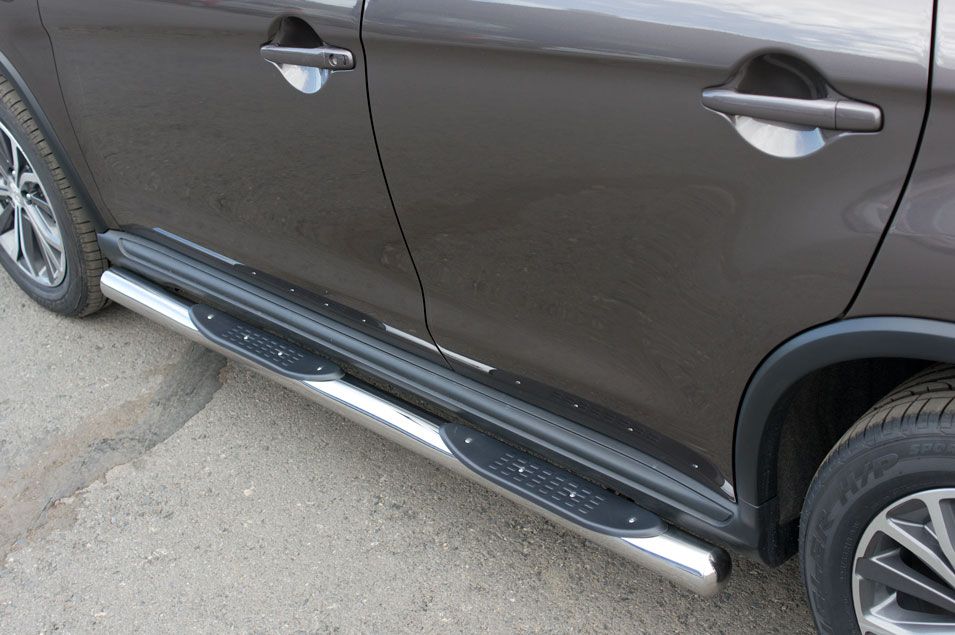 Защита порогов RusStal труба d76 с накладками (вариант 3) для Peugeot 4008 2012-2026. Артикул P48T-0005353