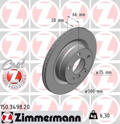 Тормозной диск Zimmermann Coat Z задний для BMW 1 II (F20/F21) 2011-2019. Артикул 150.3498.20