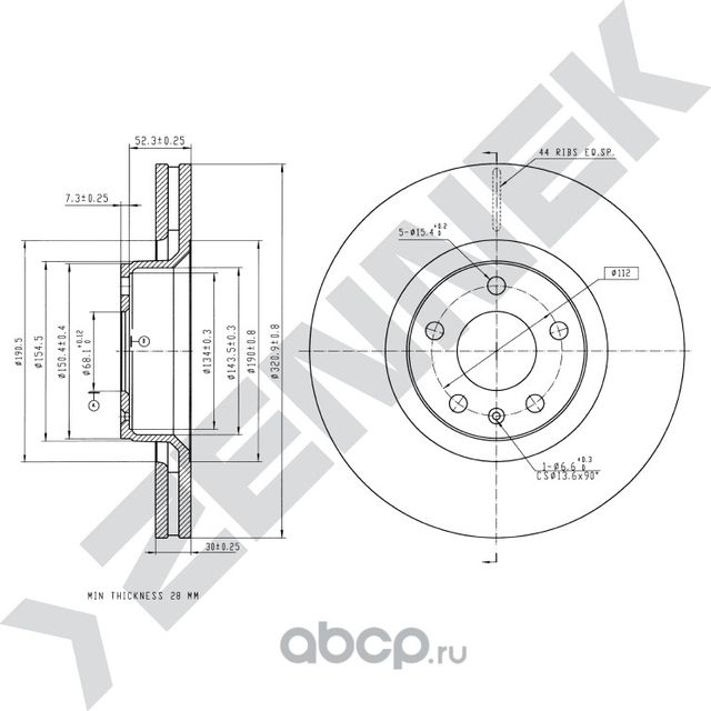 Диск тормозной передний AUDI A6 C6 04-11 AUDI A8 D3 02-10 (Zennek). Артикул DBD0212