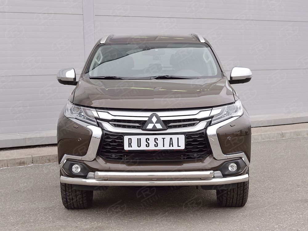 Защита RusStal переднего бампера d63 секция-d63 дуга для Mitsubishi Pajero Sport III 2016-2020. Артикул MPJSZ-002484