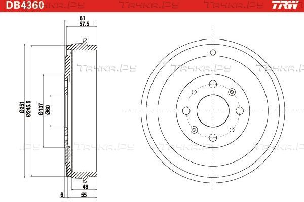 Тормозной барабан TRW задний для Fiat Grande Punto 2005-2015. Артикул DB4360