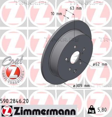 Тормозной диск Zimmermann Coat Z задний для Toyota Highlander III (U50) 2013-2019. Артикул 590.2846.20