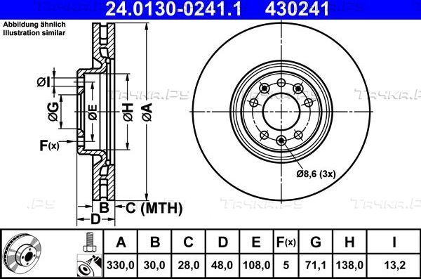 Тормозной диск ATE передний для Peugeot 308 II 2013-2026. Артикул 24.0130-0241.1