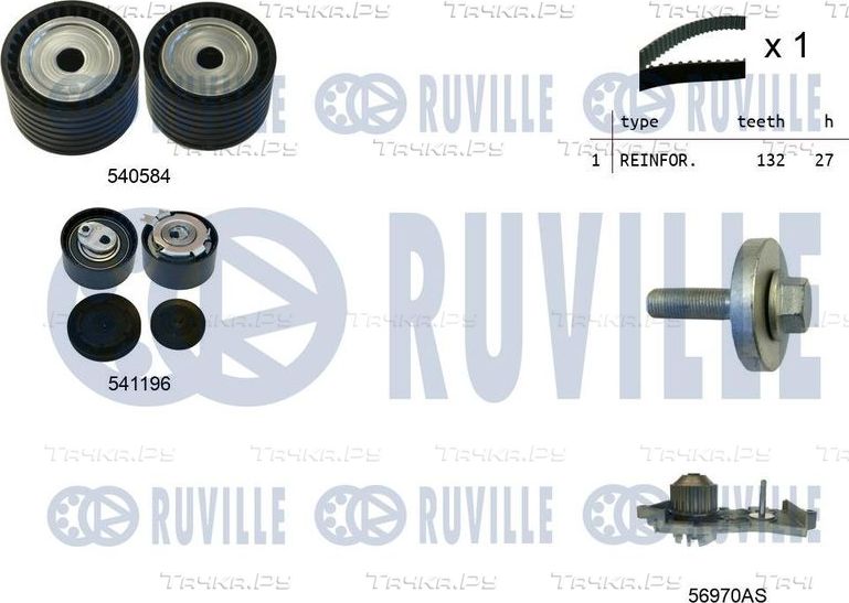 Помпа (водяной насос) с комплектом ремня ГРМ Ruville для Renault Clio II 1998-2013. Артикул 5501091