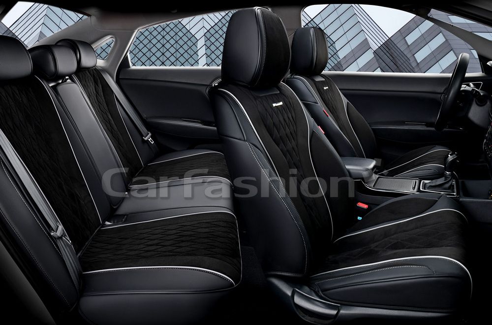 Комплект универсальных каркасных чехлов CarFashion 5D Symbol Plus на сидения авто, цвет Черный/Черный/Серый. Артикул 27252