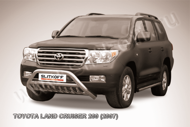 Кенгурятник Slitkoff d76 низкий широкий с защитой карера и перемычкой для Toyota Land Cruiser 200 2007-2012. Артикул TLC2-003