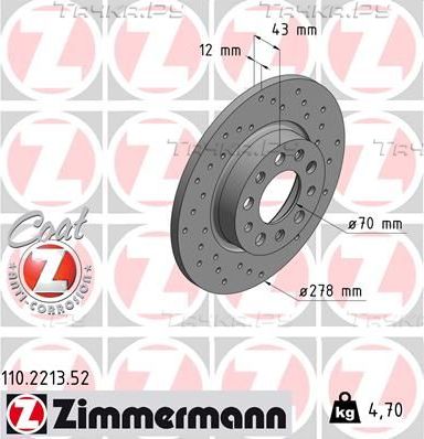 Тормозной диск Zimmermann Sport Coat Z задний для Alfa Romeo Spider III 2006-2011. Артикул 110.2213.52