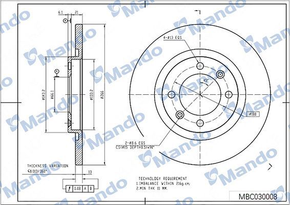 Тормозной диск Mando передний для Citroen C2 2003-2012. Артикул MBC030008