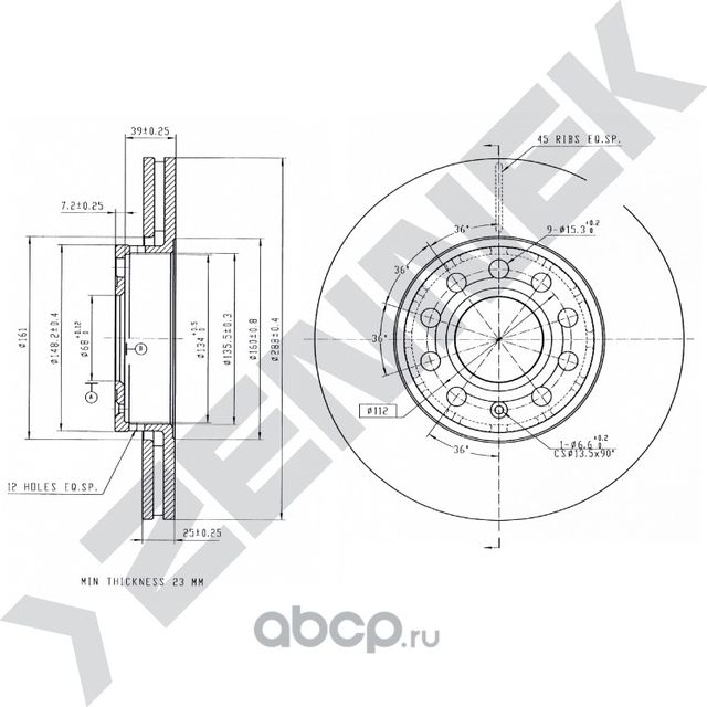 Диск тормозной передний AUDI 100 C4 90-94 A4 B5/6/7 94-08 (Zennek). Артикул DBD0019