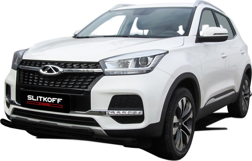 Защита Slitkoff переднего бампера d57/42 двойная для Chery Tiggo 4 2017-2026 ЧЕРНАЯ матовая. Артикул CT4-001B