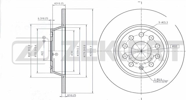 Тормозной диск Zekkert задний для Audi S3 II (8P) 2006-2013. Артикул BS-5398B