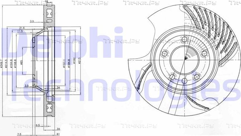 Тормозной диск Delphi передний левый для Volkswagen Touareg I 2002-2010. Артикул BG9774