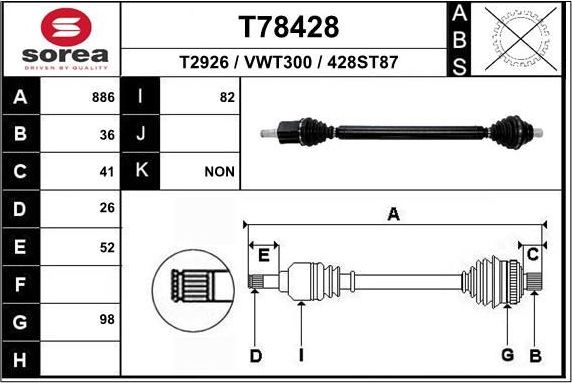 Полуось (привод в сборе, приводной вал) EAI. Артикул T78428