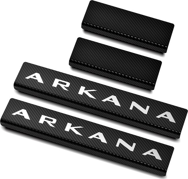 Накладки RusStal на пороги (лист нерж. карбон с надписью) для Renault Arkana I 2019-2026. Артикул RAR19-06