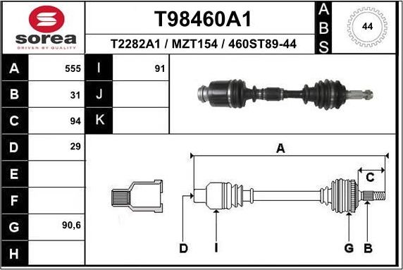 Полуось (привод в сборе, приводной вал) EAI. Артикул T98460A1