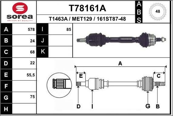 Полуось (привод в сборе, приводной вал) EAI. Артикул T78526