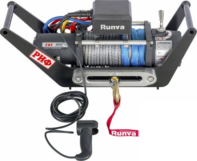 Переносная лебёдка РИФ: 12V Runva 8000 lbs 3629 кг c площадкой в квадрат для фаркопа и проводами (синтетический трос) РИФ. Артикул EWX8000SR-KIT