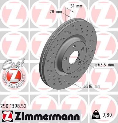 Тормозной диск Zimmermann SPORT Z. Артикул 250.1398.52