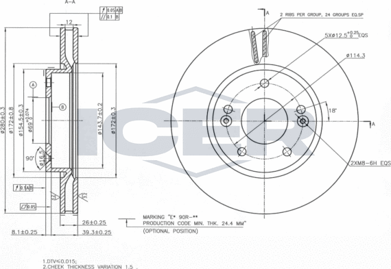 Тормозной диск Icer передний для Kia Proceed I 2008-2013. Артикул 78BD5158-2