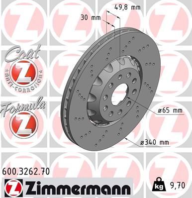 Тормозной диск Zimmermann Formula Z Coat Z передний для Audi A3 III (8V) 2012-2026. Артикул 600.3262.70