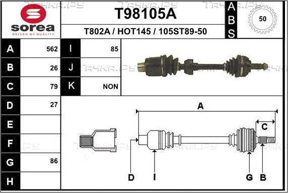 Полуось (привод в сборе, приводной вал) EAI передняя левая для Honda Civic VI 1995-2001. Артикул T98105A