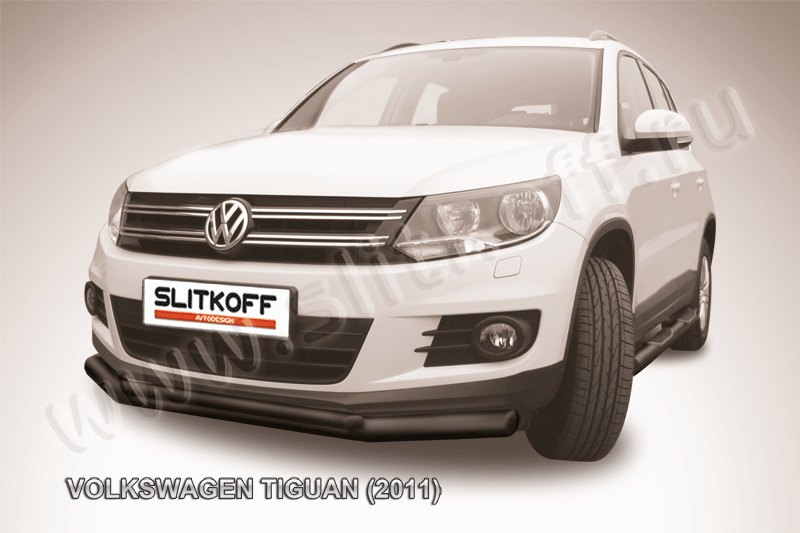 Защита Slitkoff переднего бампера d76/42 двойная ЧЕРНАЯ матовая для Volkswagen Tiguan 2011-2016. Артикул VWTIG-001B