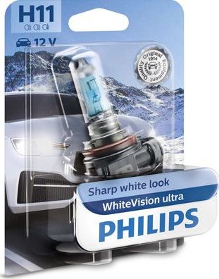 H11 12V-55W (PGJ19-2) (абсолютно белый свет+60% вид.) WhiteVision ultra блистер (1шт.) Philips WhiteVision ultra. Артикул 12362WVUB1