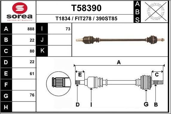 Полуось (привод в сборе, приводной вал) EAI. Артикул T58390