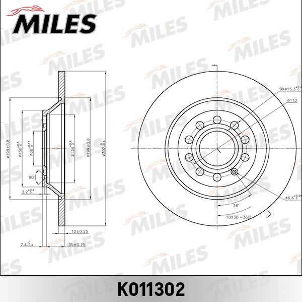 Тормозной диск Miles задний для Audi A6 allroad II (C6) 2006-2011. Артикул K011302