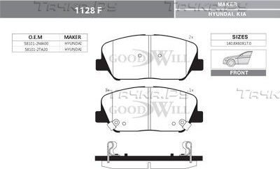 Тормозные колодки GoodWill передние для Hyundai i30 III 2013-2026. Артикул 1128 F
