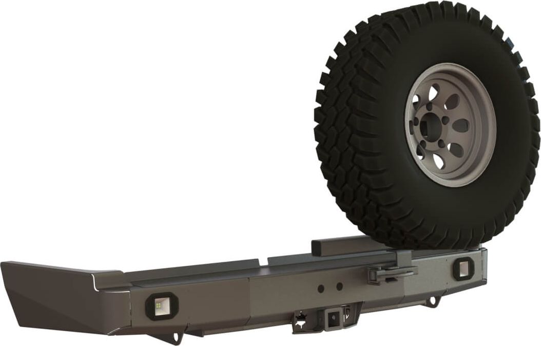 Бампер силовой задний STC для Toyota Land Cruiser 80 1990-1997 с квадратом под фаркоп, правой калиткой и фарами заднего хода/ ПТФ. Артикул STC-TLC80-BR-C2-L2