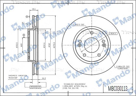 Тормозной диск Mando передний для Hyundai Galloper I 1991-1998. Артикул MBC030113
