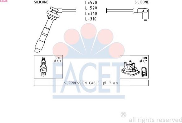 Высоковольтные провода (провода зажигания) (комплект) Facet Made in Italy - OE Equivalent. Артикул 4.8608