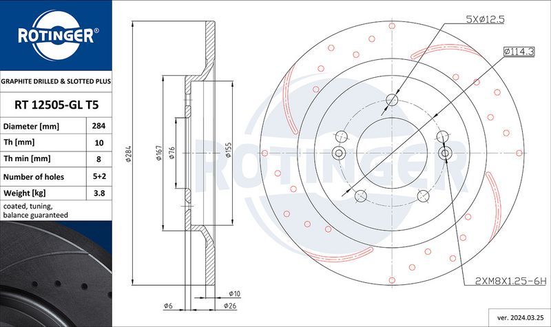 Тормозной диск Rotinger GRAPHITE DRILLED & SLOTTED PLUS. Артикул RT 12505-GL T5