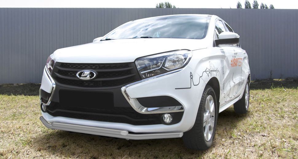 Защита Slitkoff переднего бампера d42+d42 двойная для Lada Xray 2015-2026 Серебристая. Артикул LadXR005S