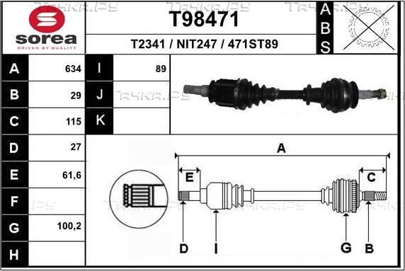 Полуось (привод в сборе, приводной вал) EAI для Nissan Navara D40 2005-2015. Артикул T98471
