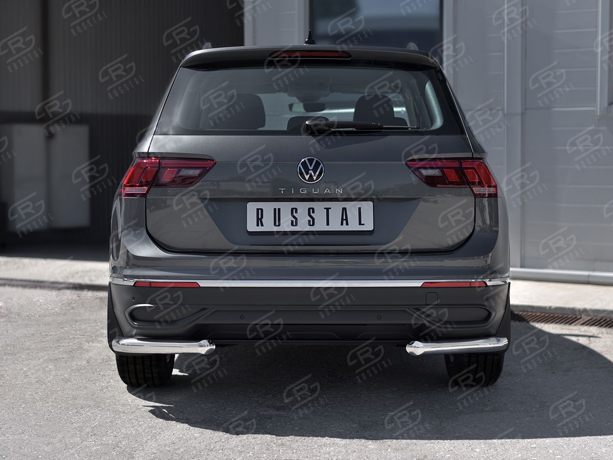 Защита RusStal заднего бампера уголки d63 секции для Volkswagen Tiguan II рестайлинг 2020-2026 (кроме R-Line). Артикул VGZ-003584