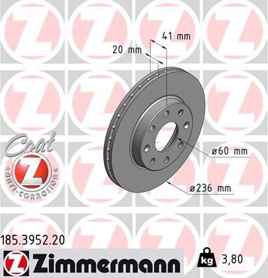 Тормозной диск Zimmermann Coat Z передний для Daewoo Kalos 2002-2007. Артикул 185.3952.20