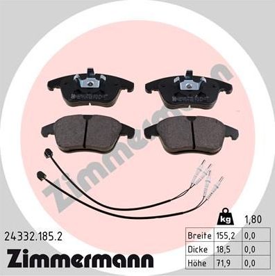 Тормозные колодки Zimmermann передние для Citroen C5 I 2004-2008. Артикул 24332.185.2