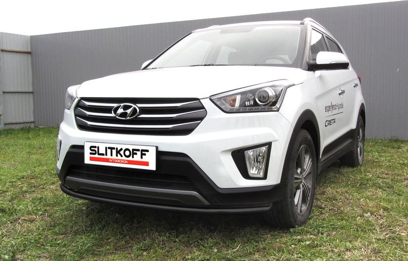 Защита Slitkoff переднего бампера d42 радиусная для Hyundai Creta 4WD 2016-2021 Черная. Артикул HCRET4WD004B
