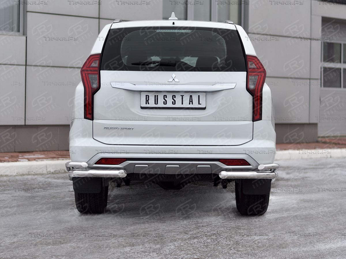 Защита RusStal заднего бампера уголки d63 секции-d42 секции для Mitsubishi Pajero Sport III рестайлинг 2021-2026. Артикул MPJSZ-003661