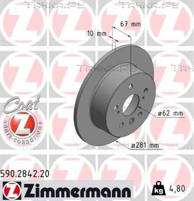 Тормозной диск Zimmermann Coat Z задний для Toyota Avalon III 2007-2012. Артикул 590.2842.20