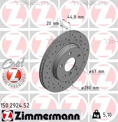 Тормозной диск Zimmermann Sport Coat Z передний для BMW i3 I (I01) 2013-2026. Артикул 150.2924.52