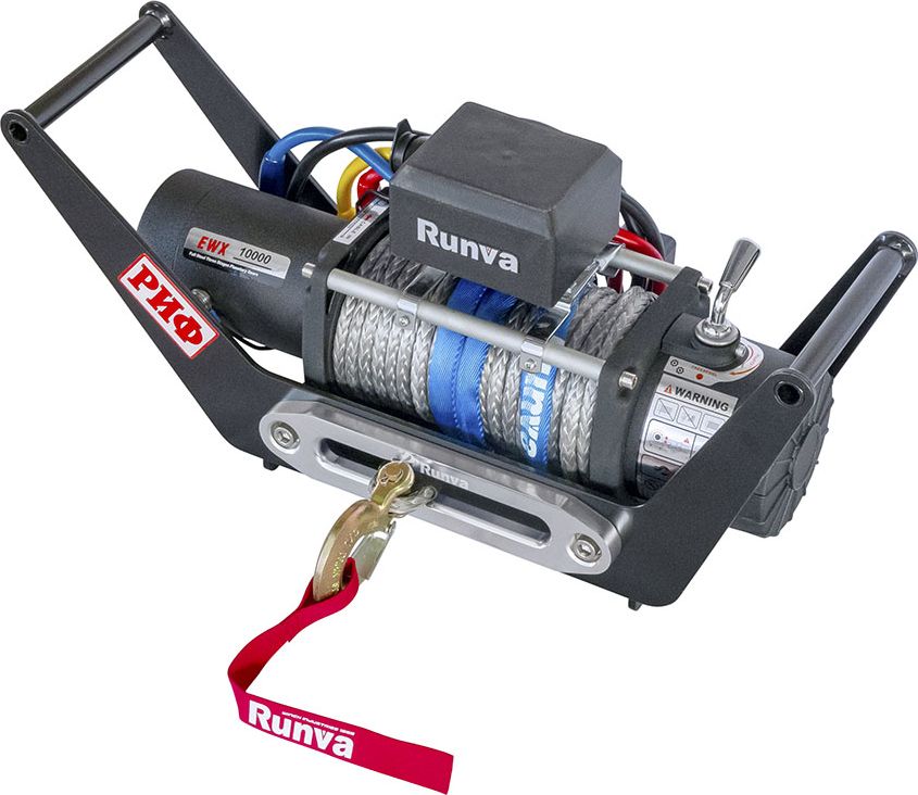 Переносная лебёдка РИФ: 12V Runva 10000 lbs 4500 кг c площадкой в квадрат для фаркопа и проводами (синт. трос) РИФ. Артикул EWX10000SR-KIT