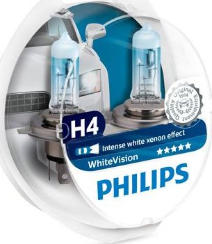 H4 12V- 60/55W (P43t) (абсолютно белый свет) White Vision +W5W 12V-5W (W2,1x9,5d) WHV (по 2 шт) Philips WhiteVision. Артикул 12342WHVSM
